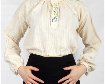 Vintage 1970s Ivory Sheer Gauzy Cropped Blouse with Floral Embroidery and Elastic Waist | Small/Medium