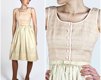 Vintage 1950s Beige and Pink Sleeveless Shirt-Waist Dress with Smocked Tank by A Junior Sophisticates Original | Small