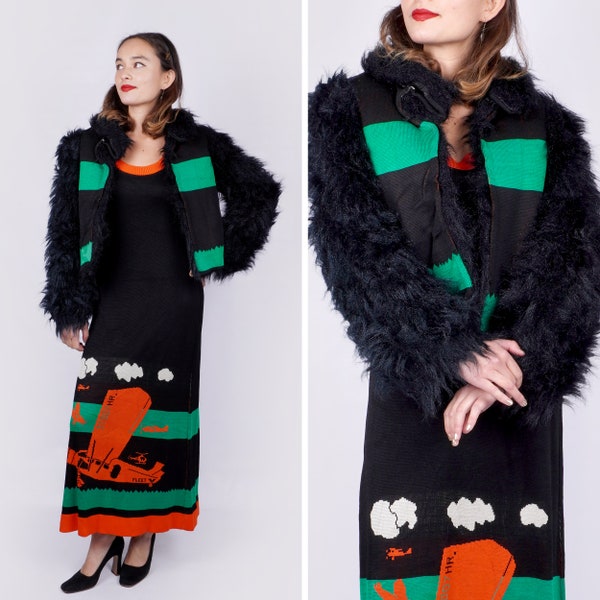 Vintage 1970s Black, Orange & Green Intarsia Knit Dress in Bi-plane Print w/ Matching Jacket Faux Fur Sleeves by Sant' Angelo Knits | Small