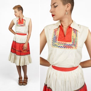 Vintage 40s/50s Red and White Embroidered Blouse and Matching Skirt Southwest Patio Set by Matty Sue | Small
