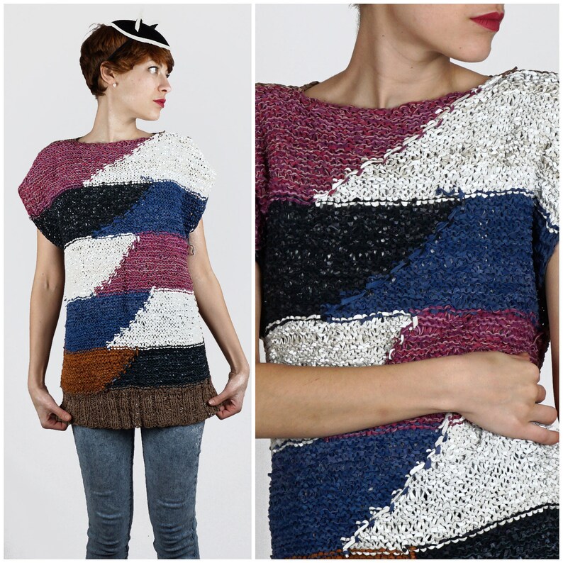 Vintage 1970s Woven Leather Color Blocked Short Sleeve Tunic Top Medium