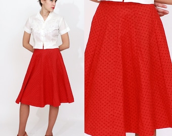 Vintage 1950s Cherry Red and Black Patterned Quilted Circle Skirt by Lucia of California | XS/Small