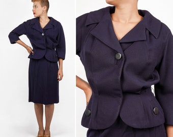 Vintage 50s/60s Navy Blue Pencil Skirt & Fitted Peplum Jacket Suit Set by David Gaines | Medium