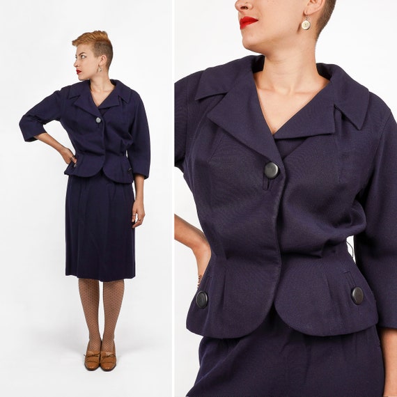 Vintage 50s/60s Navy Blue Pencil Skirt & Fitted P… - image 1