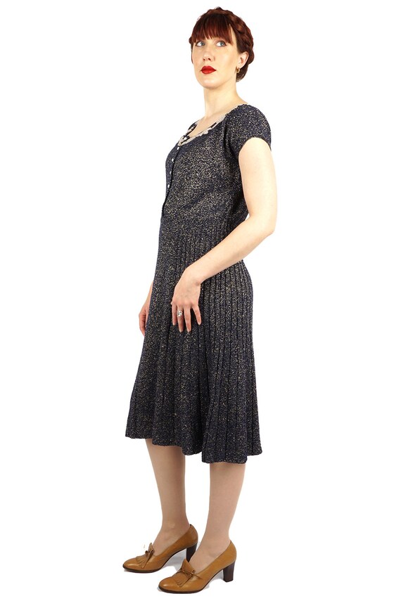Vintage 1950s Navy Blue & Gold Knit Dress and Matching Cardigan Shrug Set with Beading at Neckline | Medium