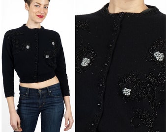 Vintage 1950s Silk-Lined Black Beaded Cropped Cardigan | Small