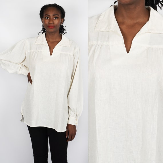 Vintage 1970s Off-White Collared Cotton Tunic by … - image 1