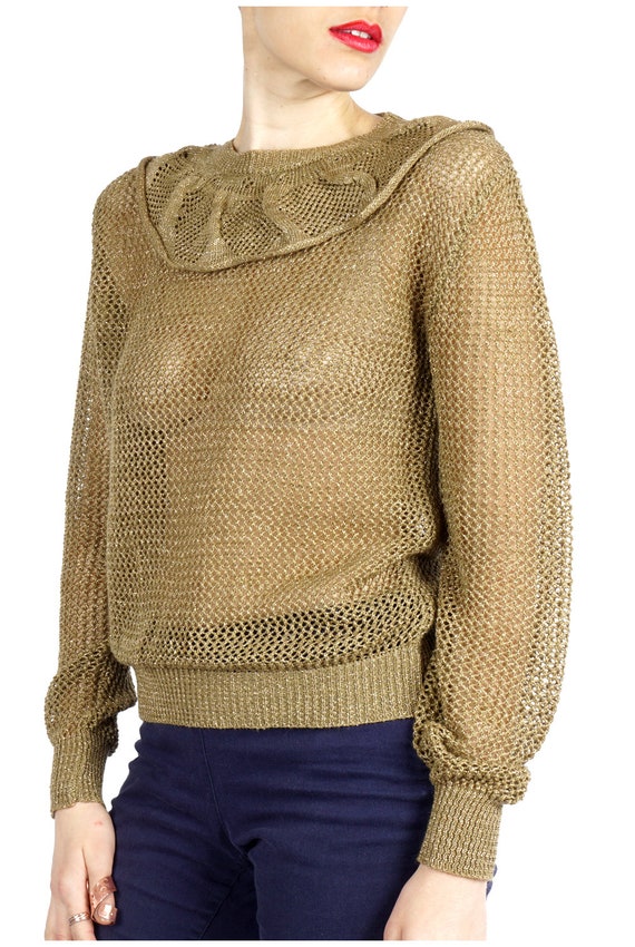 Vintage 1980s Sparkly Gold Knit Sweater with Ruff… - image 6