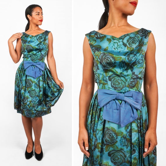 SmallMedium Vintage 60/'s Sleeveless Blue /& Green Saturated Cabbage Rose Floral Dress with Bubble Hem Skirt and Big Waist Bow by Rosenfeld