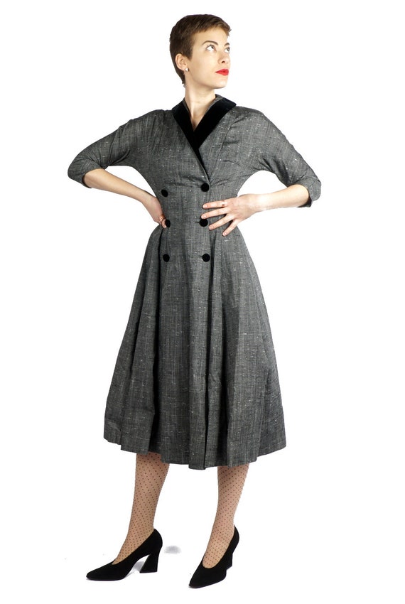 Vintage 1940s/50s Grey 3/4 Sleeve Dress with Velv… - image 6