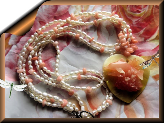 Dolphin Pendant 3 strand Necklace w FWP and Angel… - image 2