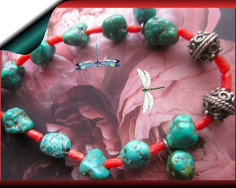 Campitos Mexican Turquoise Gemstone Choker w Coral 925 SS