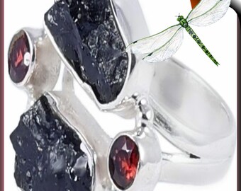 Handmade Ring w Rugged Onyx and Garnet Gemstones 925 SS