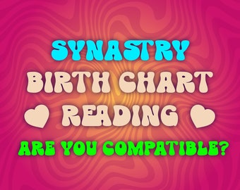 May include: A pink and orange swirl background with the text "SYNASTRY BIRTH CHART READING ARE YOU COMPATIBLE?" in a retro font. The text is in blue, beige, and green.