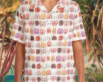 Men&#39;s Hawaiian Shirt: Fun Bottoms Print, Tropical Beachwear