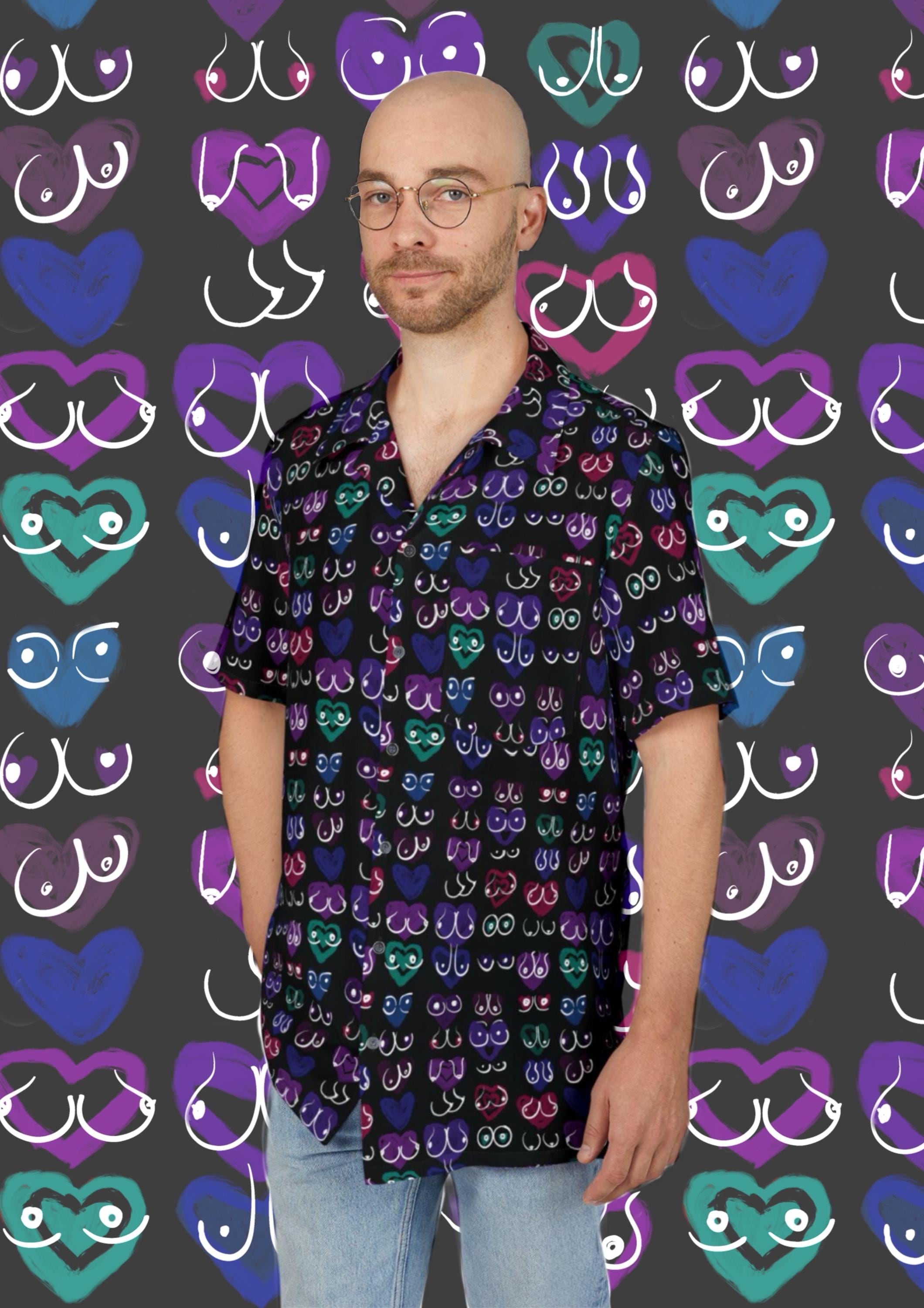 Men's Hawaiian Shirt - Boob Lovers Shirt with Hearts, Funny Hawaiian Shirt for Men, Tropical Button-Up Shirt, Beach Party Apparel, Summer