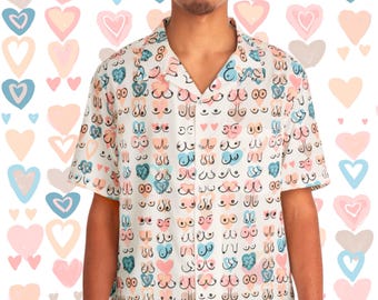 Men&#39;s Hawaiian Shirt - Boob Lovers Shirt with Hearts, Funny Hawaiian Shirt for Men, Tropical Button-Up Shirt, Beach Party Apparel, Summer