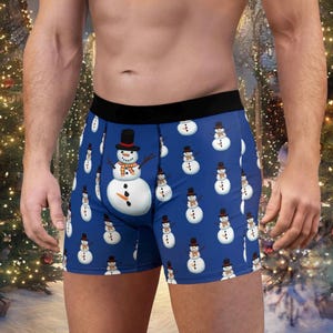 Funny Men&#39;s Boxer Briefs, Quirky Underwear, Novelty Boxers, Unique Gift for Him, With Happy Snowmen.