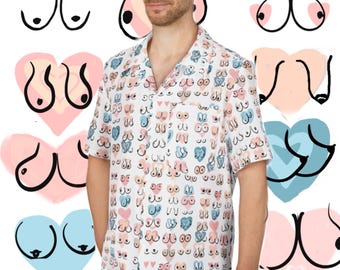 Men&#39;s Hawaiian Shirt - Boob Lovers Shirt with Hearts, Funny Hawaiian Shirt for Men, Tropical Button-Up Shirt, Beach Party Apparel, Summer
