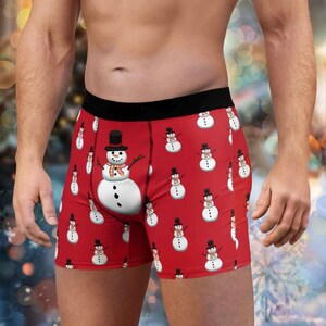 Funny Men&#39;s Boxer Briefs, Quirky Underwear, Novelty Boxers, Unique Gift for Him, With Snowmen.