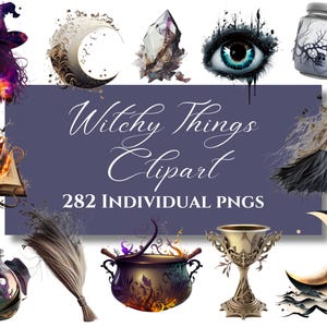 Clipart objets sorcière | 282 PNG individuels | 14 feuilles d'autocollants Goodnotes | Téléchargement numérique | 300 ppp pour une impression de haute qualité | Utilisation commerciale