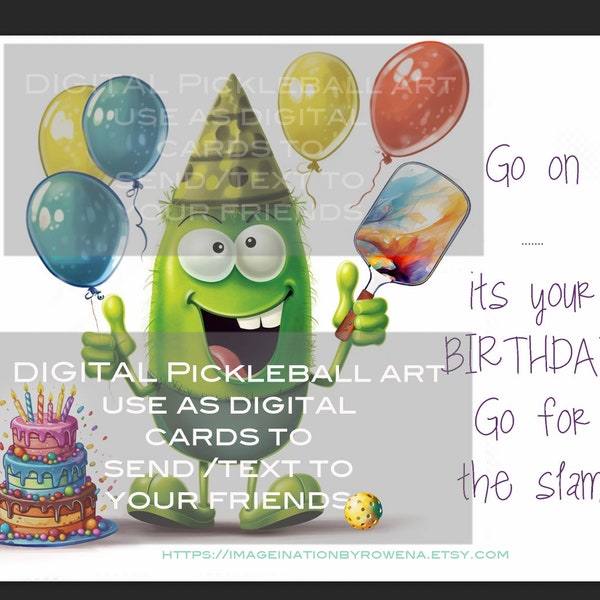 Digital Pickleball birthday - fun Cartoon pickleball character JPEG DIGITAL product to text to your friends
