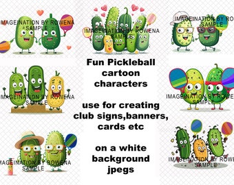 Fun Pickleball cartoon characters for Pickleball groups and clubs use for signs, banners, cards etc on white backgrounds jpegs