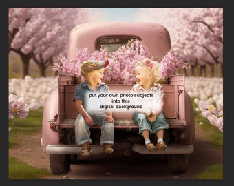 Springtime pink vintage truck with flowers digital background for photographers and composite artists  JPEG format