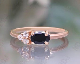 14K Rose Gold 925 Silver Oval Natural Black Onyx Ring Engagement Ring Gift For Wife Dainty Ring Wedding Ring Birthday Anniversary Gift
