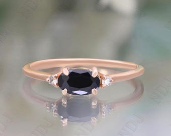 14K Rose Gold 925 Silver Oval Natural Black Onyx Ring Engagement Ring Gift For Wife Dainty Ring Wedding Ring Birthday Anniversary Gift