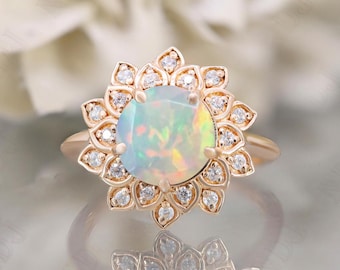 14K Rose Gold 925 Silver Round Ethiopian Opal Ring Engagement Ring Gift For Wife Ring Wedding Ring Birthday Gift Art Deco Halo Ring