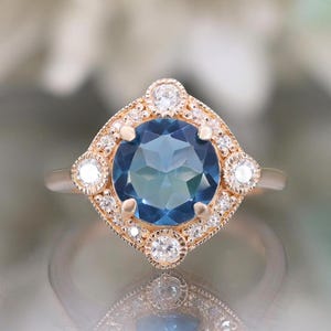 14K Rose Gold 925 Silver Round London Blue Topaz Ring Engagement Ring Gift For Wife Ring Wedding Ring Birthday Gift Art Deco Halo Ring