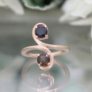 14K Rose Gold 925 Silver Round Natural Smokey Quartz & Black Onyx Ring  Gift For Wife Engagement Ring  Wedding Ring Dainty Infinity Ring