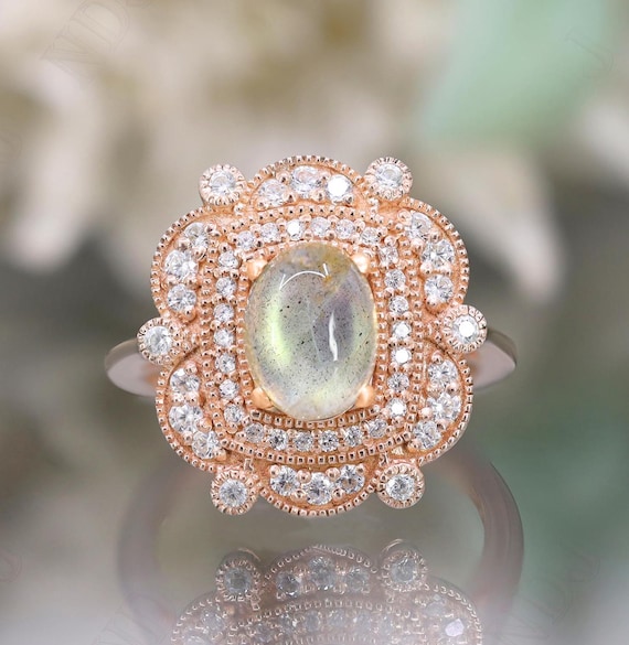 14K Rose Gold 925 Silver Labradorite Engagement Ring Gift for Wife