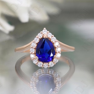 925 Silver 14K Rose Gold Plated Pear Blue Sapphire Engagement Ring Gift For Wife Art Deco Ring Wedding Ring Birthday Anniversary Gift