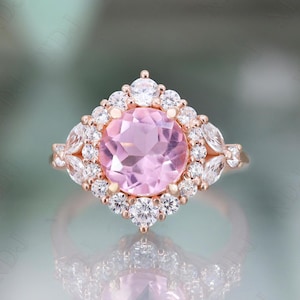 Bague de fiançailles ronde morganite rose en argent 925 plaqué or rose 14 carats cadeau pour femme bague art déco bague de mariage anniversaire cadeau d&#39;anniversaire