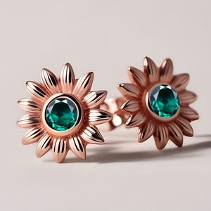 14K Rose Gold 925 Silver Round Emerald Flower Earrings Engagement Gift Wedding Earrings Birthday Gift Floral Earrings Flower Studs