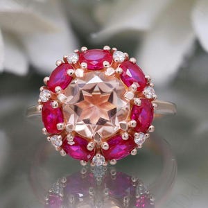 925 Silver 14K Rose Gold Plated Round Peach Morganite Engagement Ring Gift For Wife Art Deco Ring Wedding Ring Birthday Anniversary Gift