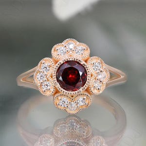 925 Silver 14K Rose Gold Plated Round Red Garnet Engagement Ring Gift For Wife Halo Ring Wedding Ring Birthday Anniversary Gift