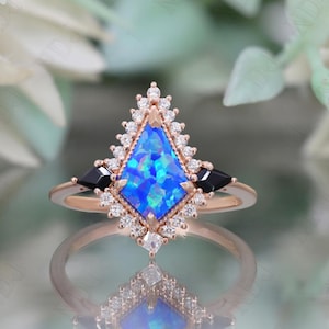 14K Rose Gold 925 Silver Kite Blue Opal Ring Engagement Ring Gift For Wife Fire Opal Halo Ring Wedding Ring Birthday Anniversary Gift
