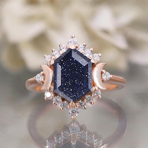Bague de fiançailles en argent hexagonal bleu naturel en or rose 14 carats 925, cadeau pour femme, bague de halo, bague de mariage, cadeau d&#39;anniversaire