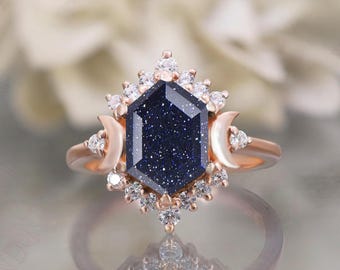 14K Rose Gold 925 Silver Hexagon Natural Blue Sandstone Ring Engagement Ring Gift For Wife Halo Ring Wedding Ring Birthday Anniversary Gift