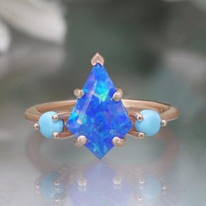 14K Rose Gold 925 Silver Kite Blue Opal Ring Engagement Ring Gift For Wife Fire Opal Solitaire Ring Wedding Ring Birthday Anniversary Gift