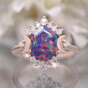 14K Rose Gold 925 Silver Hexagon Black Opal Ring Engagement Ring Gift For Wife Fire Opal Ring Wedding Ring Birthday Anniversary Gift