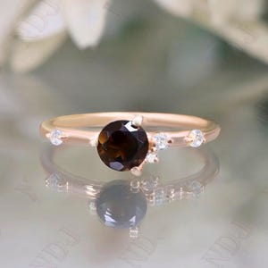 14K Rose Gold 925 Silver Round Natural Smokey Quartz Ring Engagement Ring For Wife Wedding Ring Birthday Gift Dainty Ring Promise Ring
