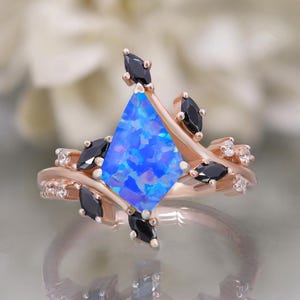 14K Rose Gold 925 Silver Kite Blue Opal Ring Engagement Ring Gift For Wife Fire Opal Halo Ring Wedding Ring Birthday Anniversary Gift
