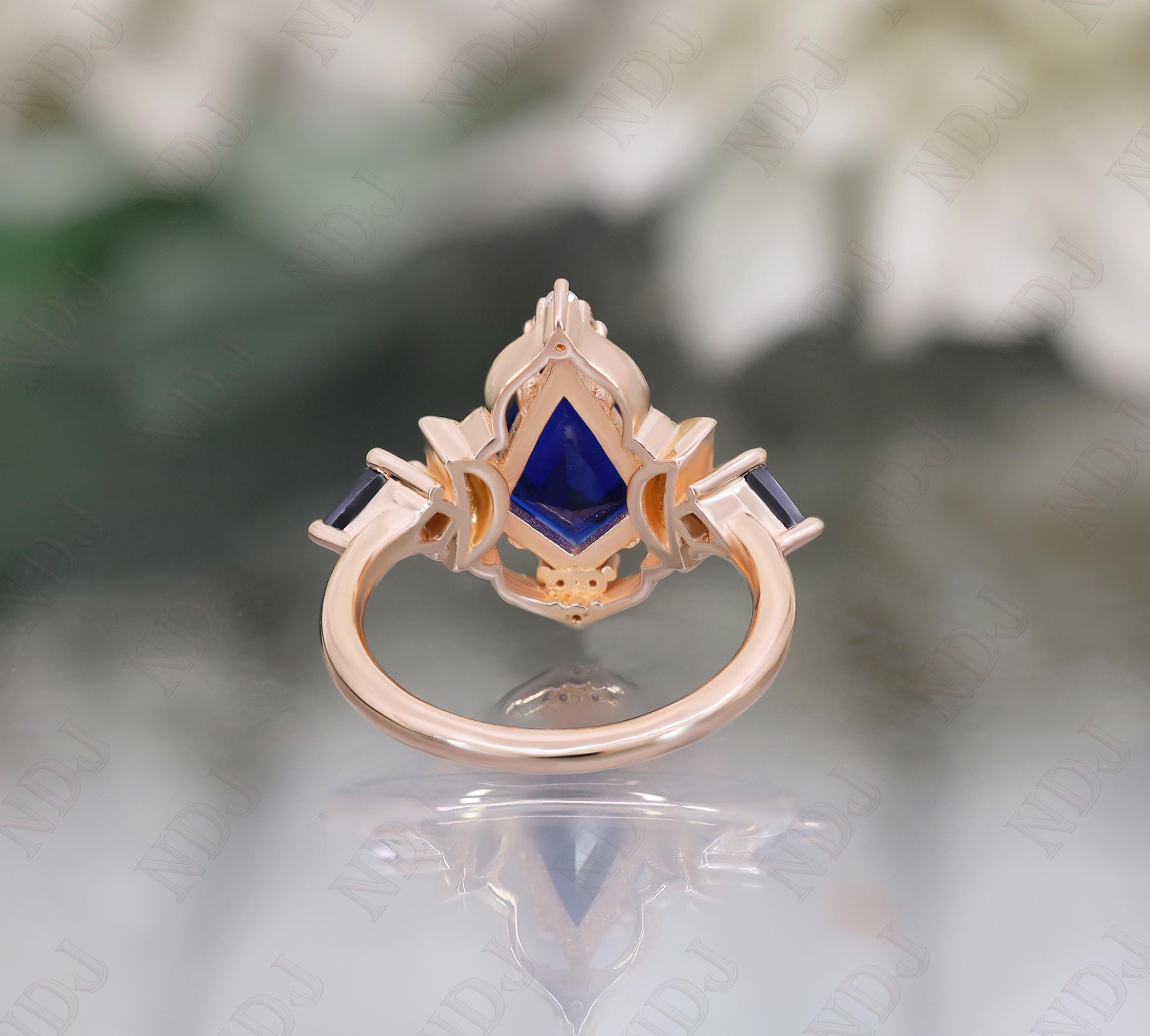 14K ローズゴールド 925 シルバー カイト ブルー サファイア リング