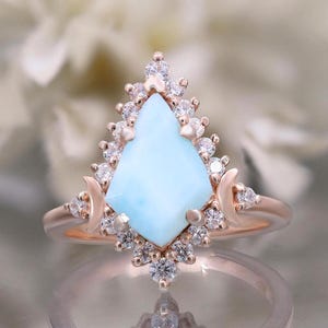 14K Rose Gold 925 Silver Kite Natural Larimar Ring Engagement Ring Gift For Wife Art Deco Ring Wedding Ring Birthday Anniversary Gift