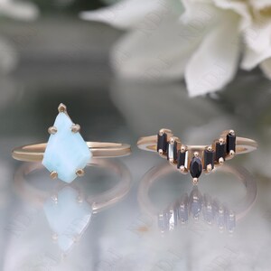 14K Rose Gold 925 Silver Kite Natural Larimar Ring Set Engagement Ring Set Gift For Wife Wedding Ring Set Birthday Anniversary Gift