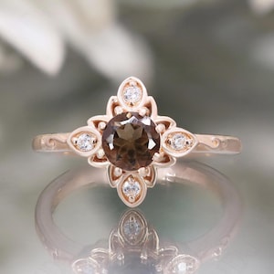 14K Rose Gold 925 Silver Round Natural Smokey Quartz Ring Engagement Ring For Wife Wedding Ring Birthday Gift Dainty Solitaire Ring